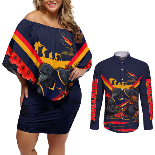 Personalised Adelaide Crows ANZAC Couples Matching Off Shoulder Short Dress and Long Sleeve Button Shirt Military Remembrance Australian Football Mascot Camouflage
