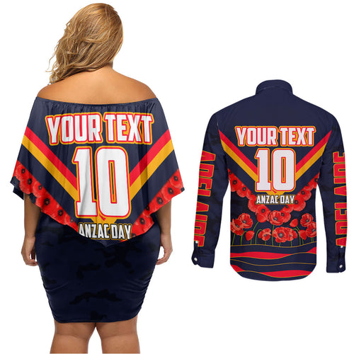 Personalised Adelaide Crows ANZAC Couples Matching Off Shoulder Short Dress and Long Sleeve Button Shirt Military Remembrance Australian Football Mascot Camouflage