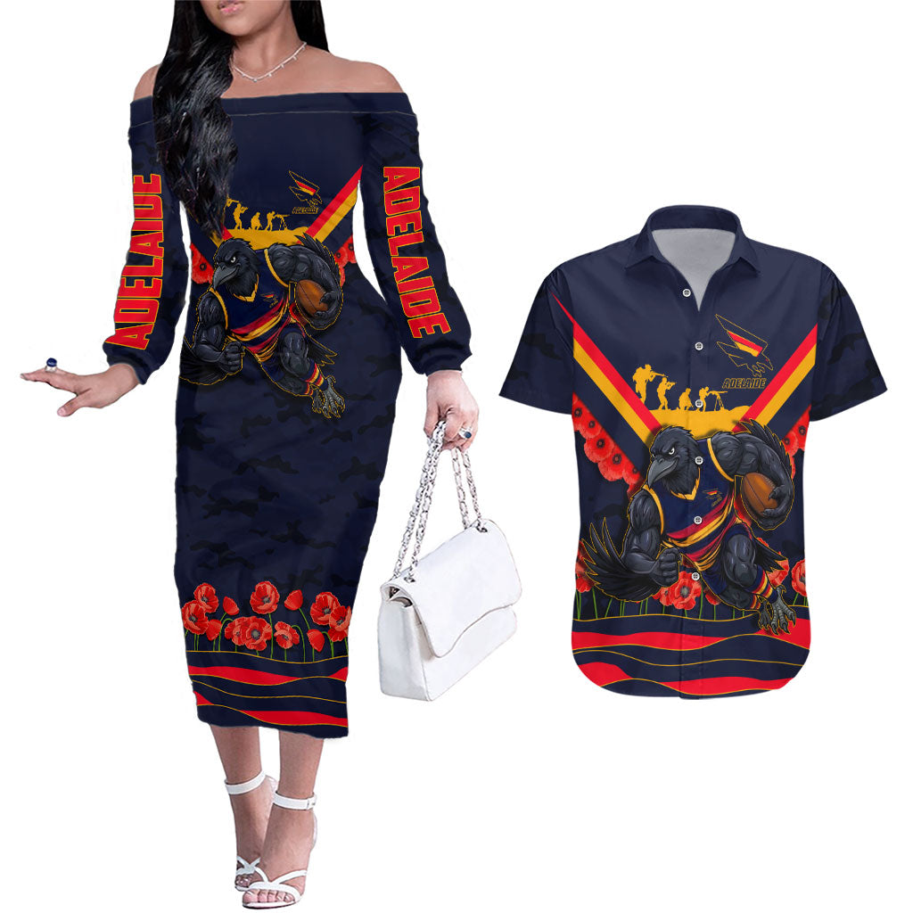 Personalised Adelaide Crows ANZAC Couples Matching Off The Shoulder Long Sleeve Dress and Hawaiian Shirt Military Remembrance Australian Football Mascot Camouflage