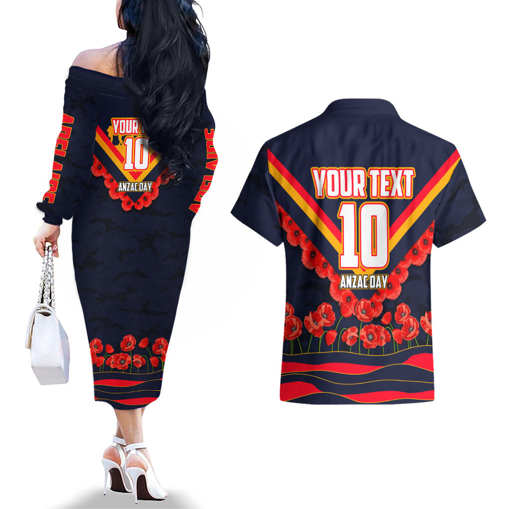 Personalised Adelaide Crows ANZAC Couples Matching Off The Shoulder Long Sleeve Dress and Hawaiian Shirt Military Remembrance Australian Football Mascot Camouflage