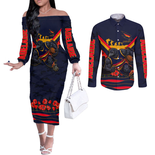 Personalised Adelaide Crows ANZAC Couples Matching Off The Shoulder Long Sleeve Dress and Long Sleeve Button Shirt Military Remembrance Australian Football Mascot Camouflage