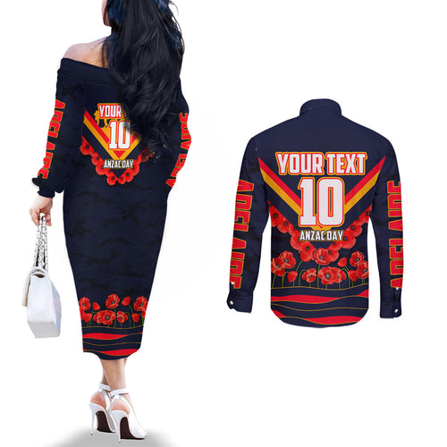 Personalised Adelaide Crows ANZAC Couples Matching Off The Shoulder Long Sleeve Dress and Long Sleeve Button Shirt Military Remembrance Australian Football Mascot Camouflage