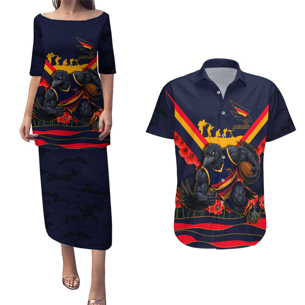 Personalised Adelaide Crows ANZAC Couples Matching Puletasi and Hawaiian Shirt Military Remembrance Australian Football Mascot Camouflage