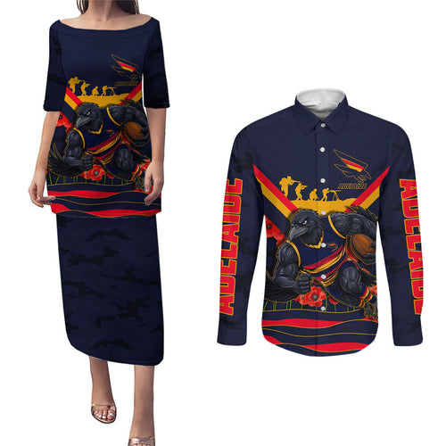 Personalised Adelaide Crows ANZAC Couples Matching Puletasi and Long Sleeve Button Shirt Military Remembrance Australian Football Mascot Camouflage