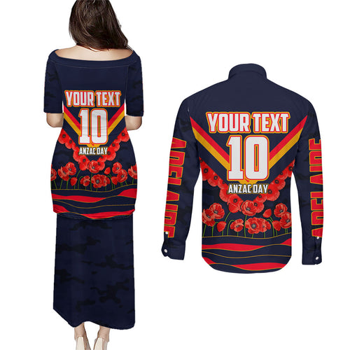 Personalised Adelaide Crows ANZAC Couples Matching Puletasi and Long Sleeve Button Shirt Military Remembrance Australian Football Mascot Camouflage