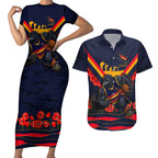 Personalised Adelaide Crows ANZAC Couples Matching Short Sleeve Bodycon Dress and Hawaiian Shirt Military Remembrance Australian Football Mascot Camouflage