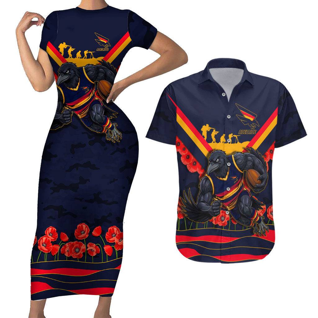 Personalised Adelaide Crows ANZAC Couples Matching Short Sleeve Bodycon Dress and Hawaiian Shirt Military Remembrance Australian Football Mascot Camouflage