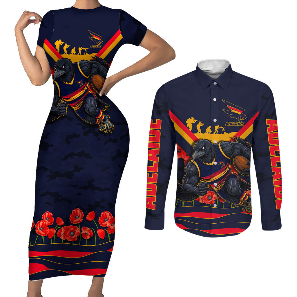 Personalised Adelaide Crows ANZAC Couples Matching Short Sleeve Bodycon Dress and Long Sleeve Button Shirt Military Remembrance Australian Football Mascot Camouflage