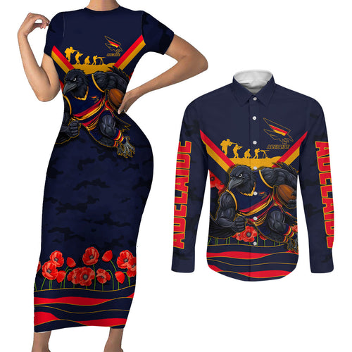Personalised Adelaide Crows ANZAC Couples Matching Short Sleeve Bodycon Dress and Long Sleeve Button Shirt Military Remembrance Australian Football Mascot Camouflage