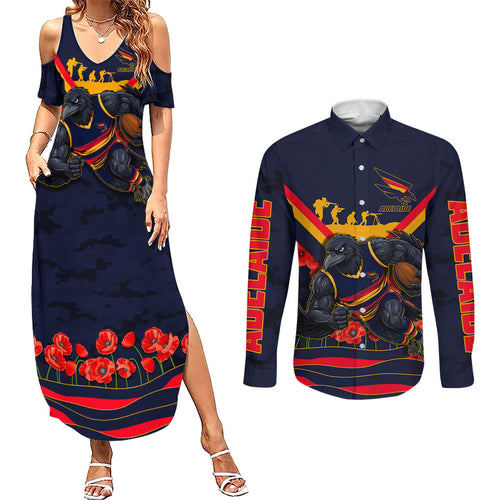 Personalised Adelaide Crows ANZAC Couples Matching Summer Maxi Dress and Long Sleeve Button Shirt Military Remembrance Australian Football Mascot Camouflage