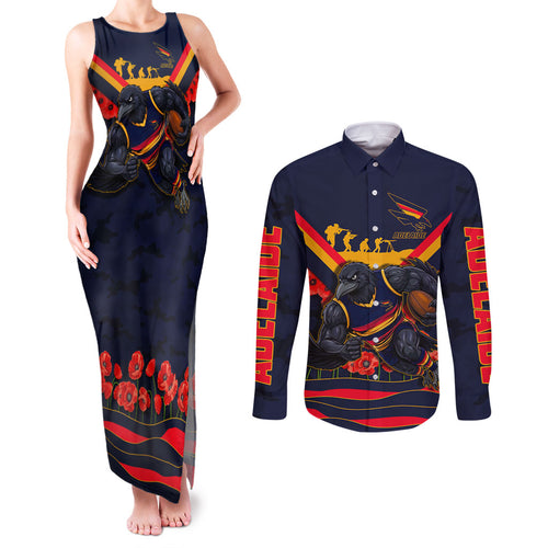 Personalised Adelaide Crows ANZAC Couples Matching Tank Maxi Dress and Long Sleeve Button Shirt Military Remembrance Australian Football Mascot Camouflage