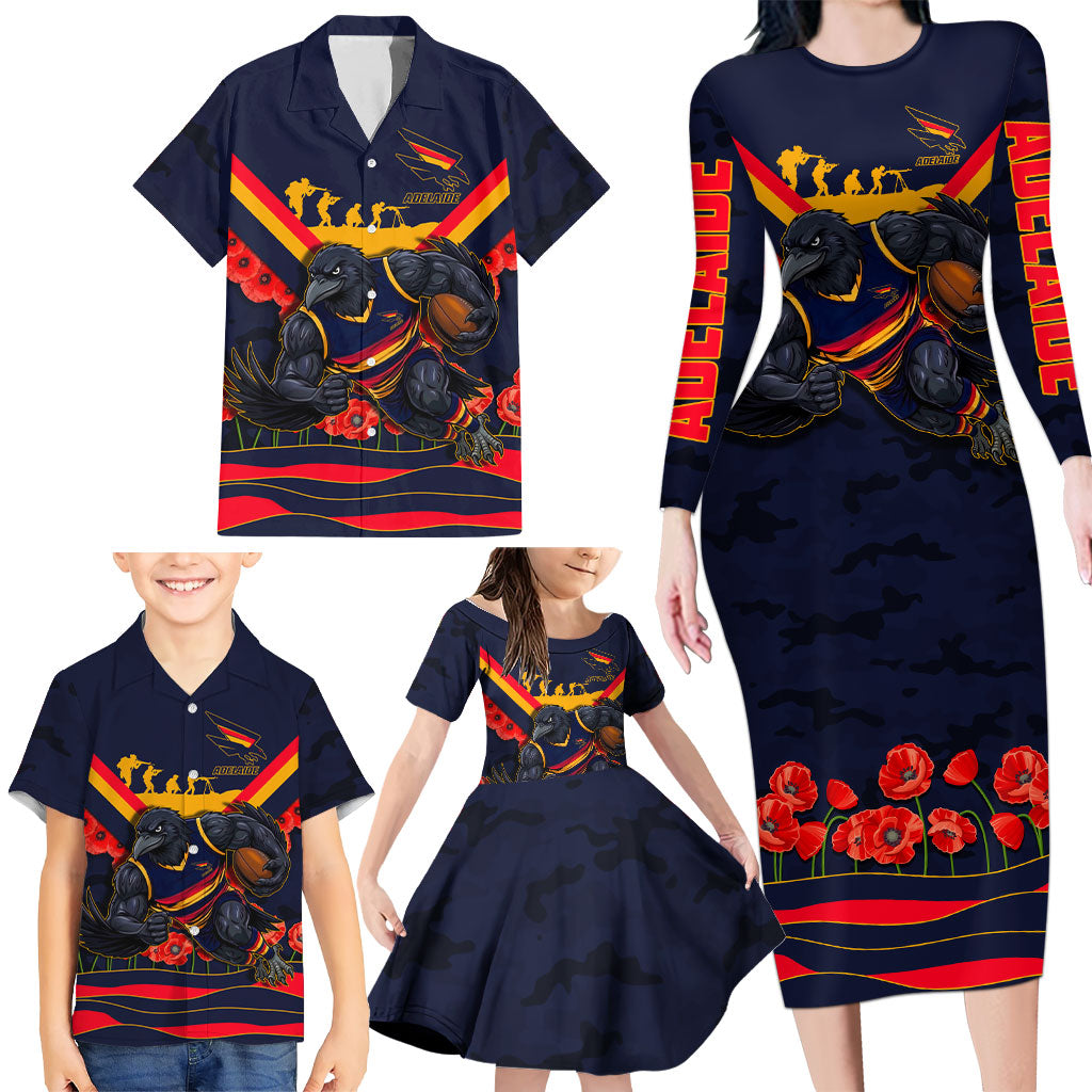 Personalised Adelaide Crows ANZAC Family Matching Long Sleeve Bodycon Dress and Hawaiian Shirt Military Remembrance Australian Football Mascot Camouflage