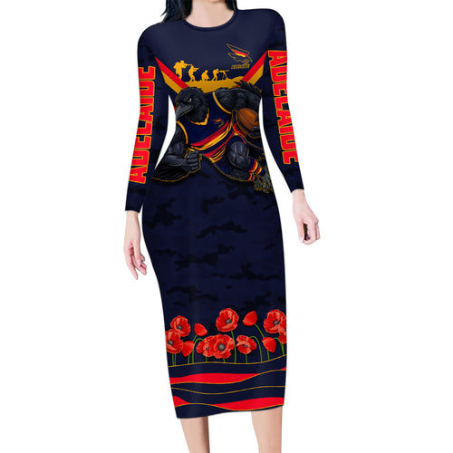 Personalised Adelaide Crows ANZAC Family Matching Long Sleeve Bodycon Dress and Hawaiian Shirt Military Remembrance Australian Football Mascot Camouflage