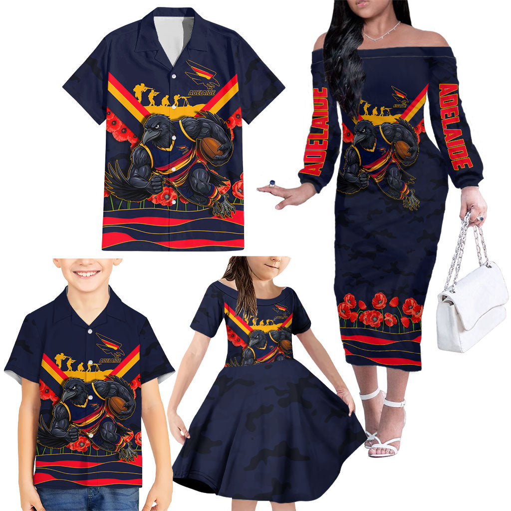 Personalised Adelaide Crows ANZAC Family Matching Off The Shoulder Long Sleeve Dress and Hawaiian Shirt Military Remembrance Australian Football Mascot Camouflage