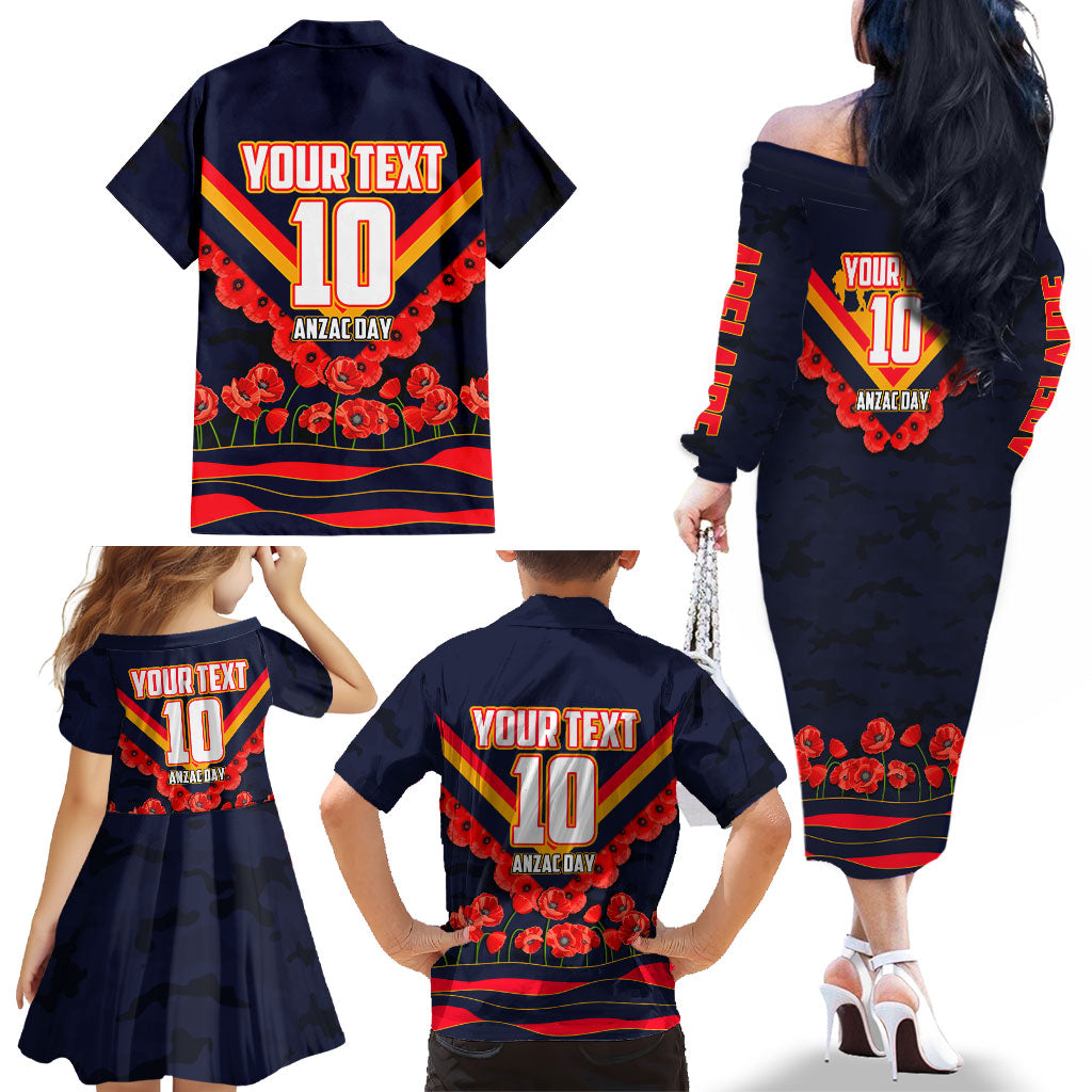 Personalised Adelaide Crows ANZAC Family Matching Off The Shoulder Long Sleeve Dress and Hawaiian Shirt Military Remembrance Australian Football Mascot Camouflage