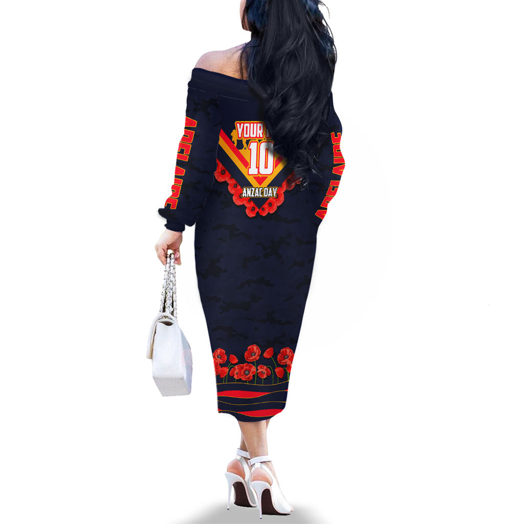 Personalised Adelaide Crows ANZAC Family Matching Off The Shoulder Long Sleeve Dress and Hawaiian Shirt Military Remembrance Australian Football Mascot Camouflage