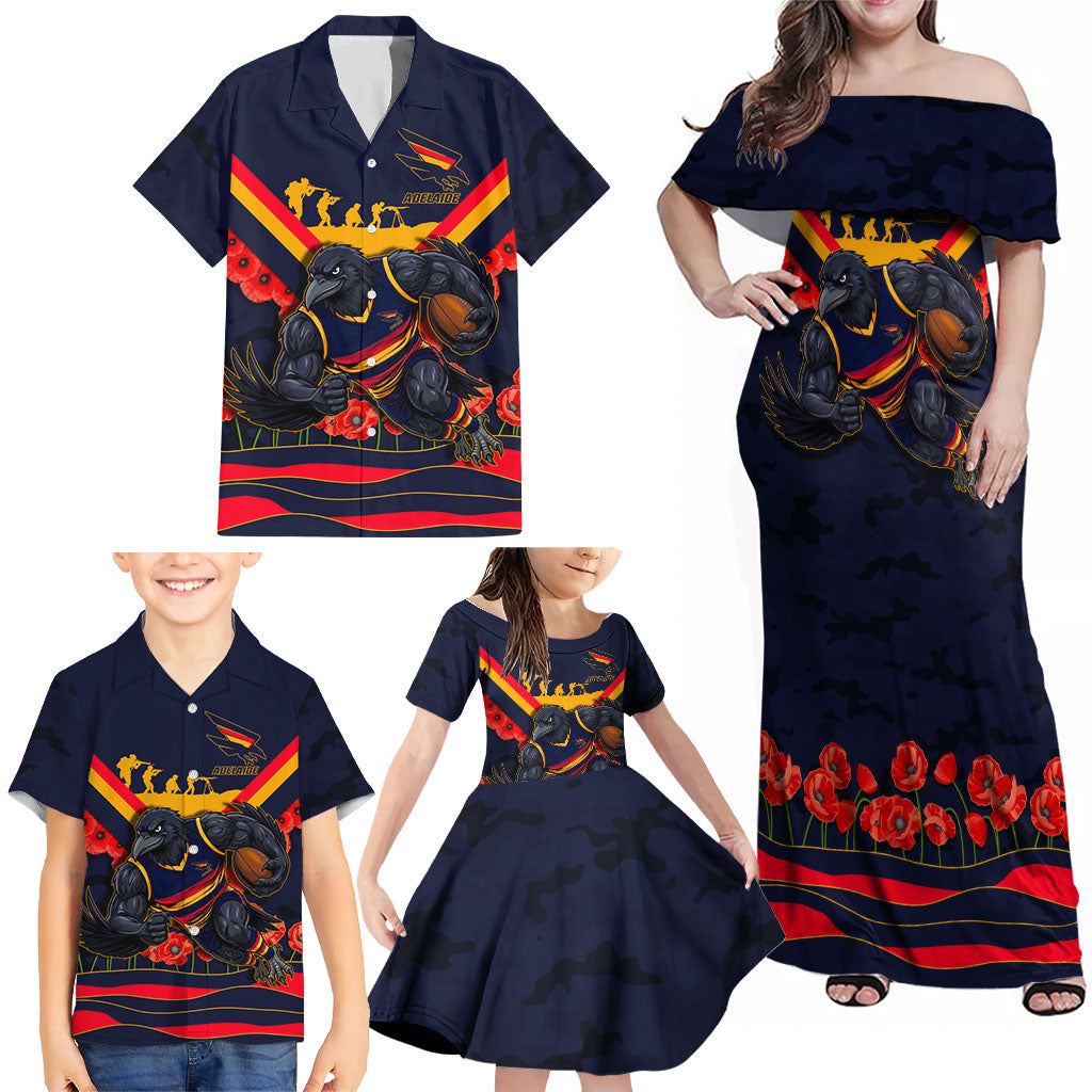 Personalised Adelaide Crows ANZAC Family Matching Off Shoulder Maxi Dress and Hawaiian Shirt Military Remembrance Australian Football Mascot Camouflage
