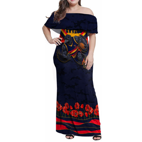 Personalised Adelaide Crows ANZAC Family Matching Off Shoulder Maxi Dress and Hawaiian Shirt Military Remembrance Australian Football Mascot Camouflage