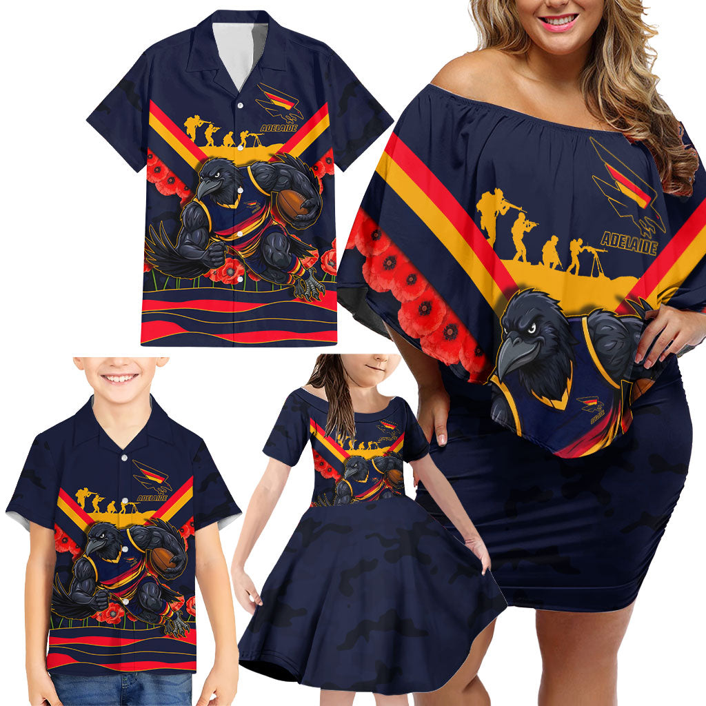Personalised Adelaide Crows ANZAC Family Matching Off Shoulder Short Dress and Hawaiian Shirt Military Remembrance Australian Football Mascot Camouflage