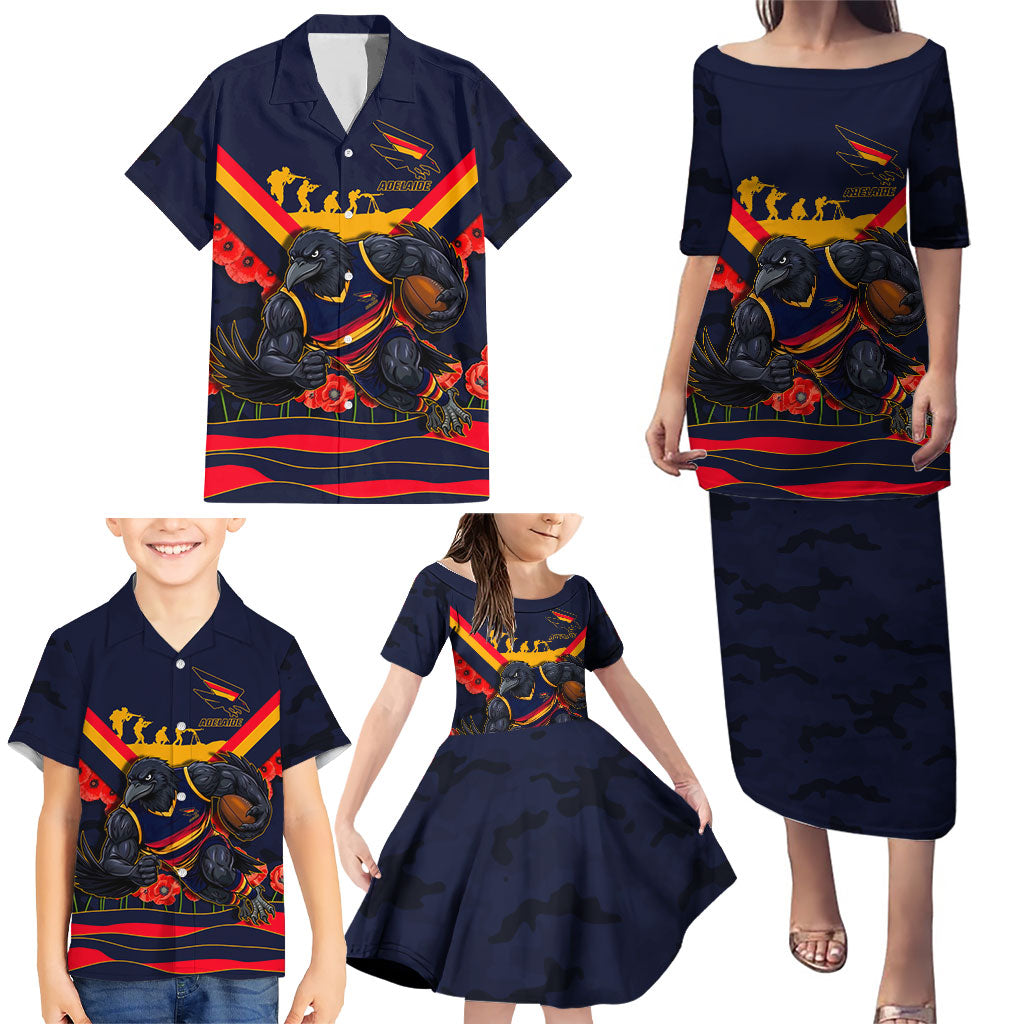 Personalised Adelaide Crows ANZAC Family Matching Puletasi and Hawaiian Shirt Military Remembrance Australian Football Mascot Camouflage