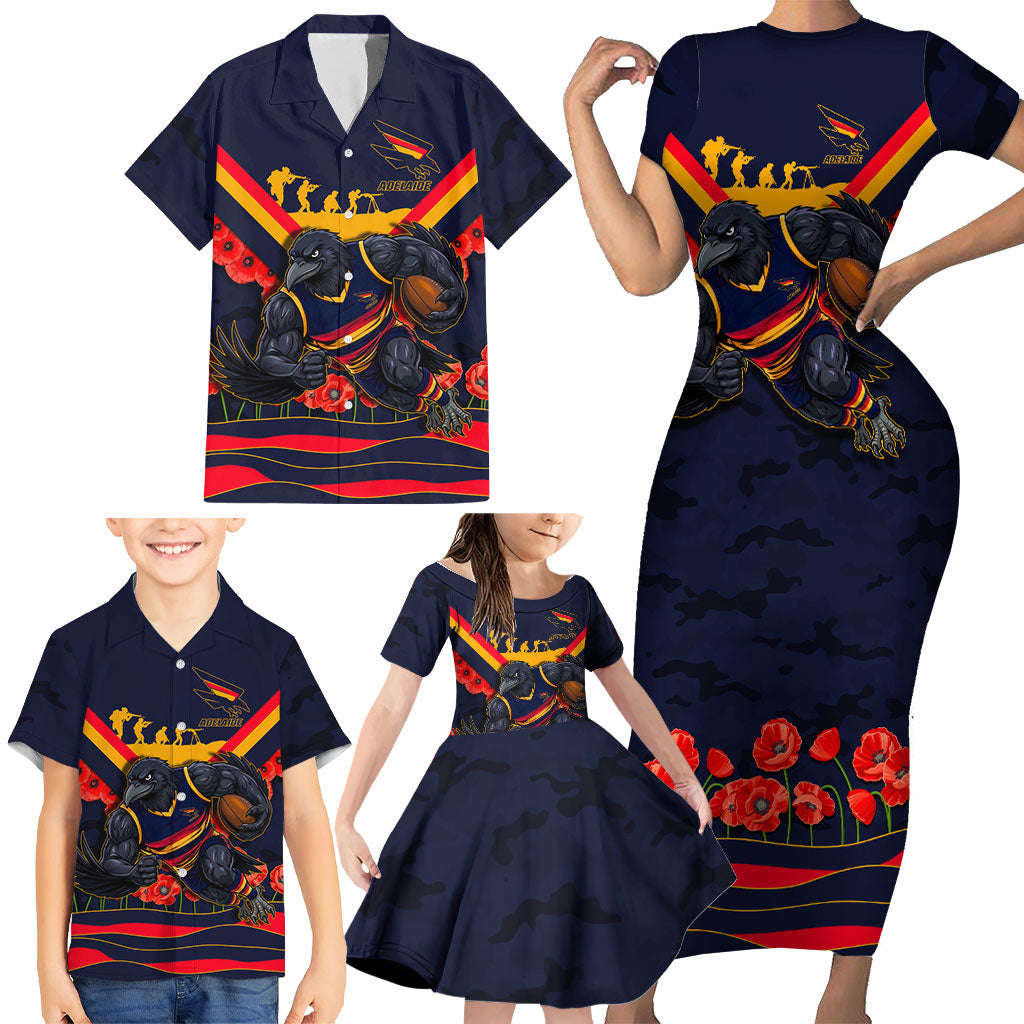 Personalised Adelaide Crows ANZAC Family Matching Short Sleeve Bodycon Dress and Hawaiian Shirt Military Remembrance Australian Football Mascot Camouflage