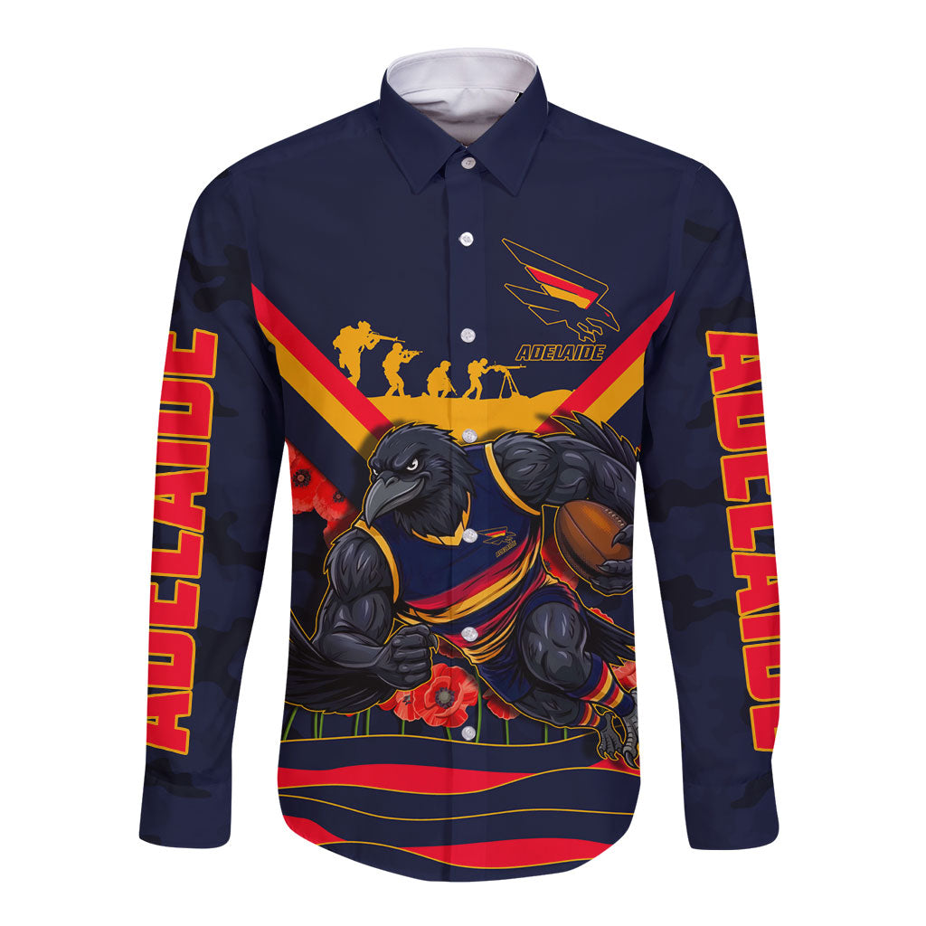 Personalised Adelaide Crows ANZAC Long Sleeve Button Shirt Military Remembrance Australian Football Mascot Camouflage