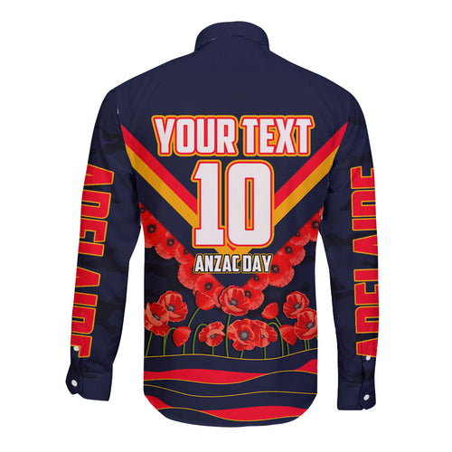 Personalised Adelaide Crows ANZAC Long Sleeve Button Shirt Military Remembrance Australian Football Mascot Camouflage