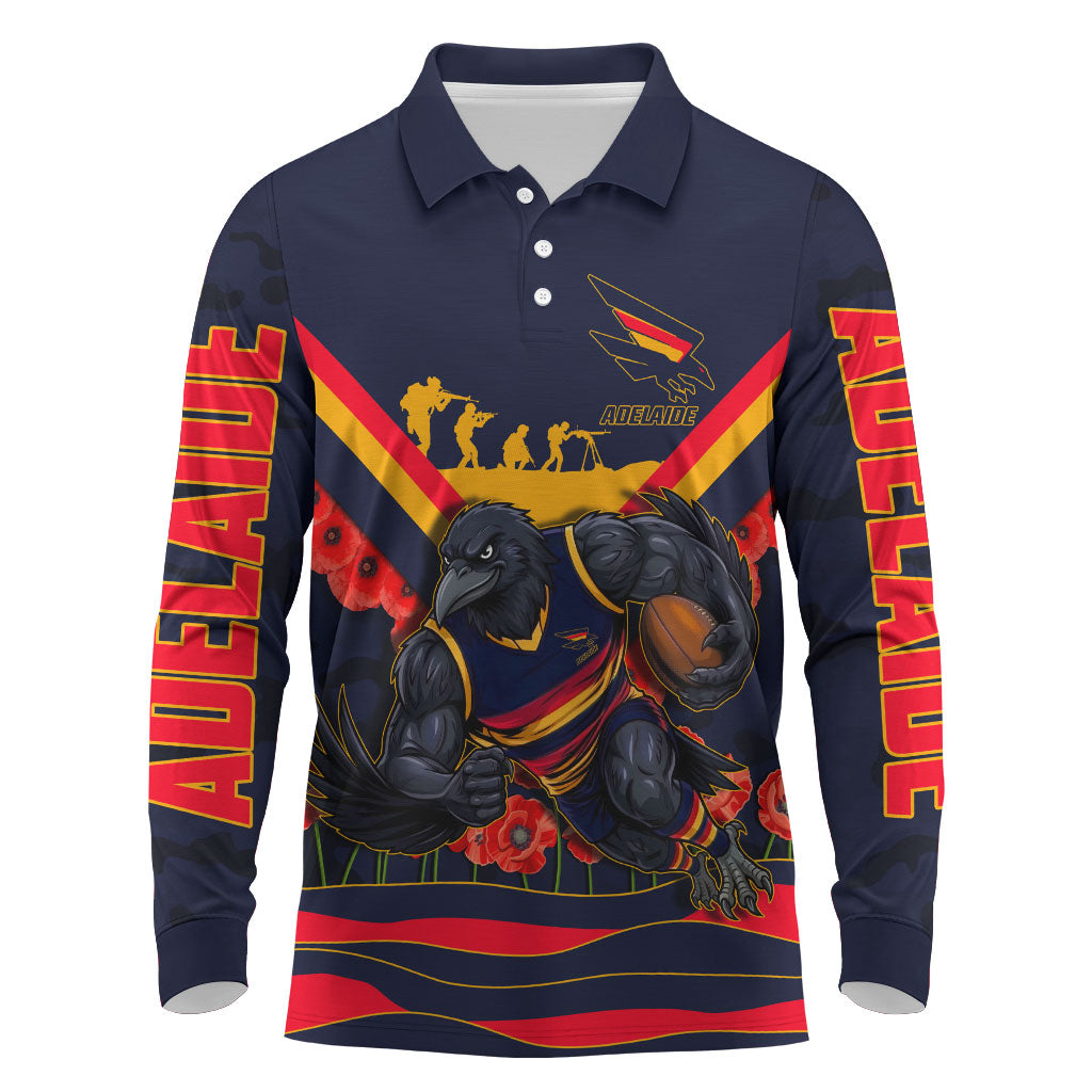 Personalised Adelaide Crows ANZAC Long Sleeve Polo Shirt Military Remembrance Australian Football Mascot Camouflage
