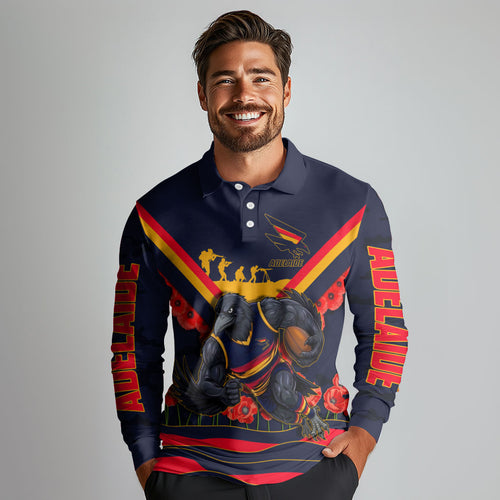 Personalised Adelaide Crows ANZAC Long Sleeve Polo Shirt Military Remembrance Australian Football Mascot Camouflage