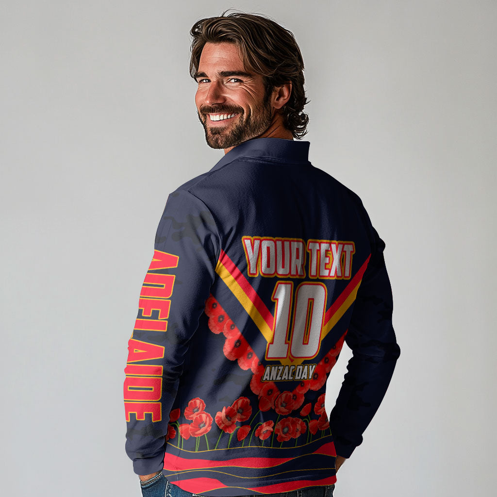 Personalised Adelaide Crows ANZAC Long Sleeve Polo Shirt Military Remembrance Australian Football Mascot Camouflage