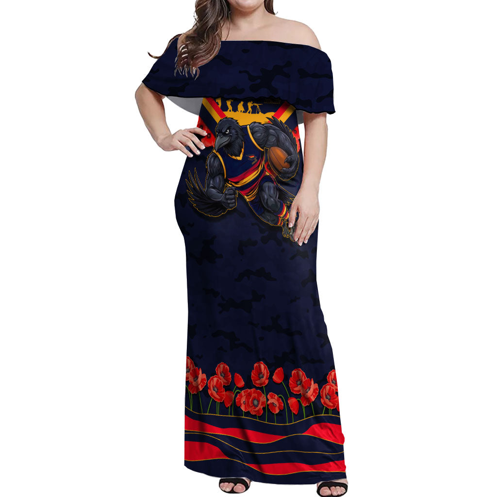 Personalised Adelaide Crows ANZAC Off Shoulder Maxi Dress Military Remembrance Australian Football Mascot Camouflage