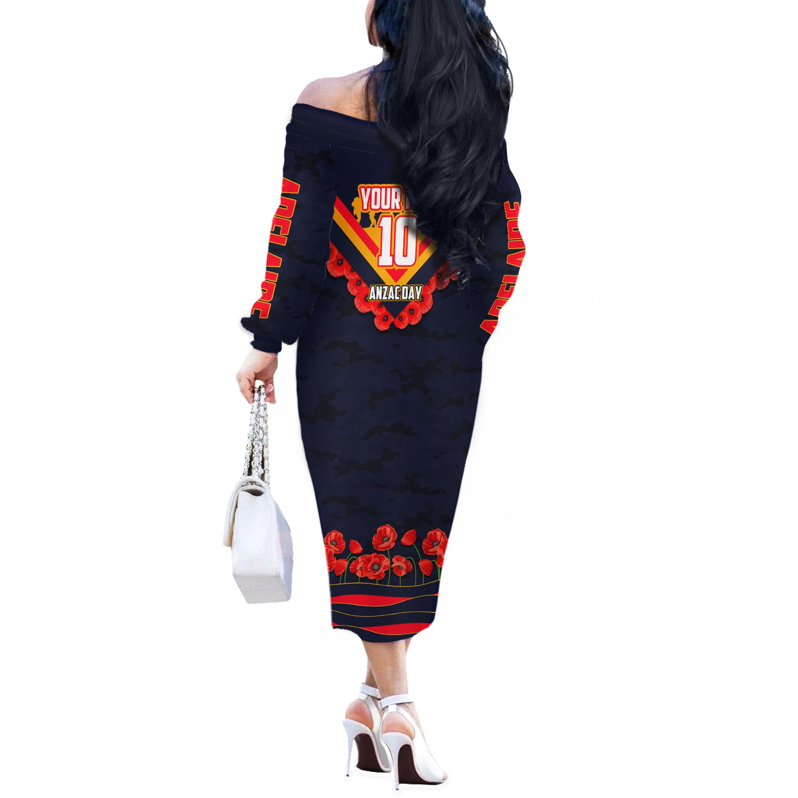 Personalised Adelaide Crows ANZAC Off The Shoulder Long Sleeve Dress Military Remembrance Australian Football Mascot Camouflage