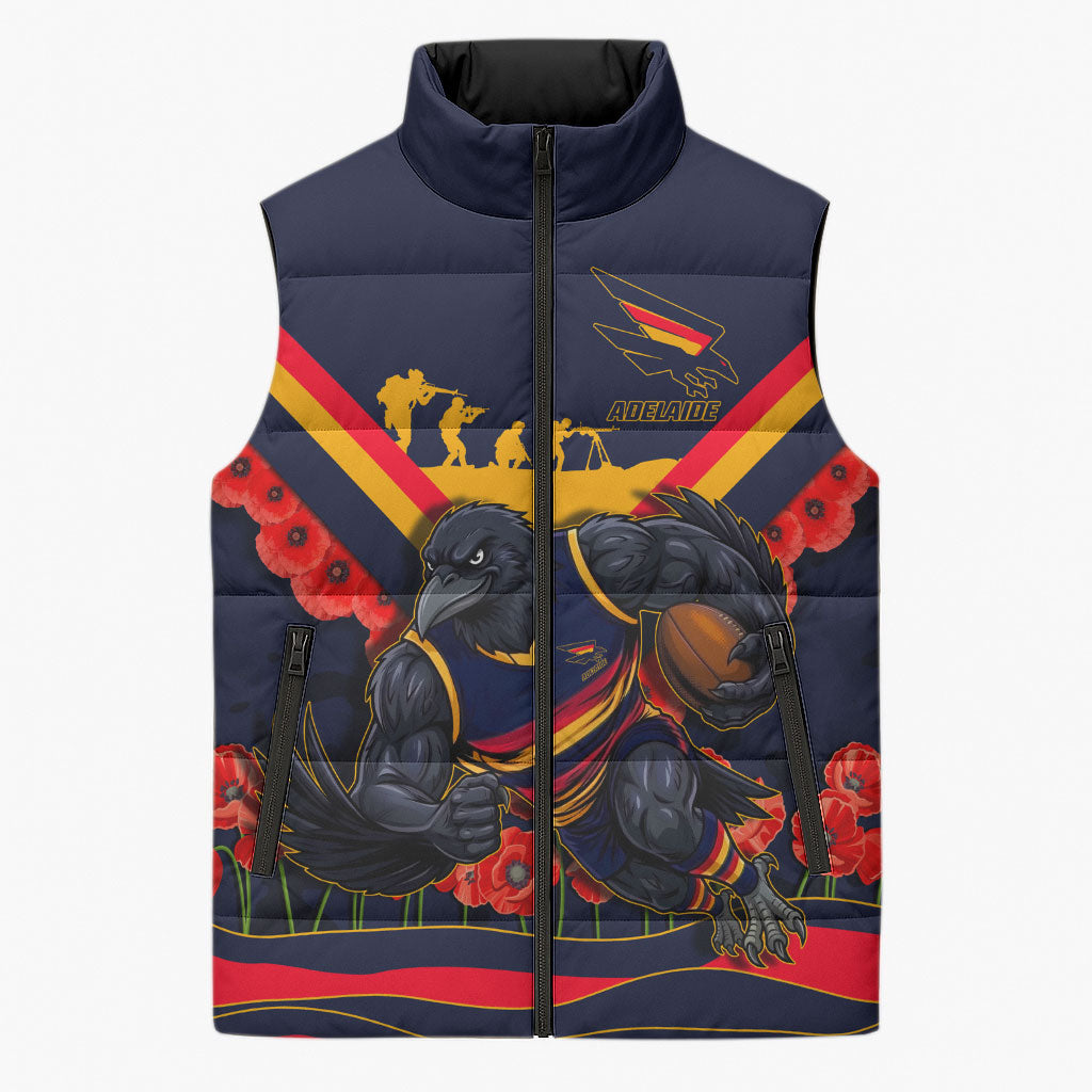 Personalised Adelaide Crows ANZAC Sleeveless Puffer Jacket Military Remembrance Australian Football Mascot Camouflage