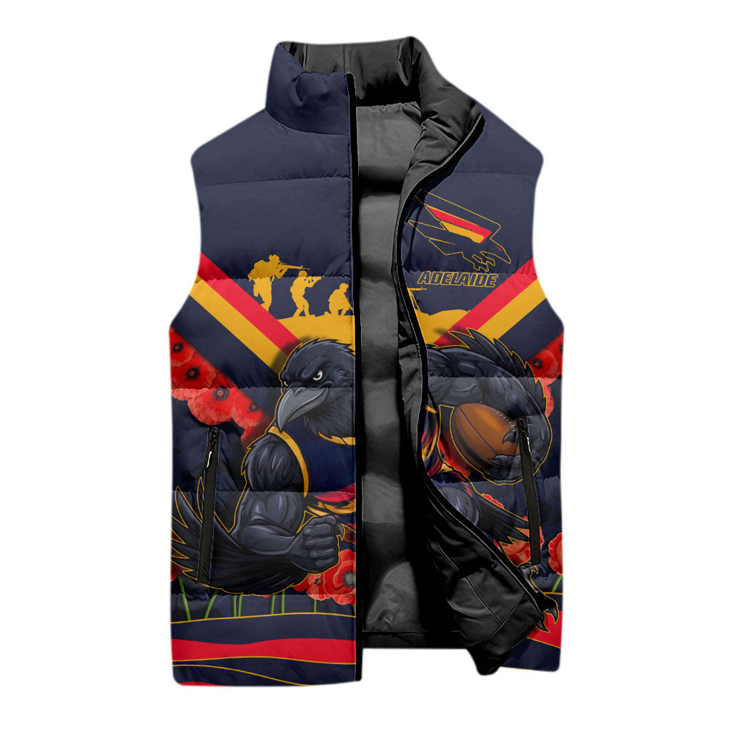 Personalised Adelaide Crows ANZAC Sleeveless Puffer Jacket Military Remembrance Australian Football Mascot Camouflage
