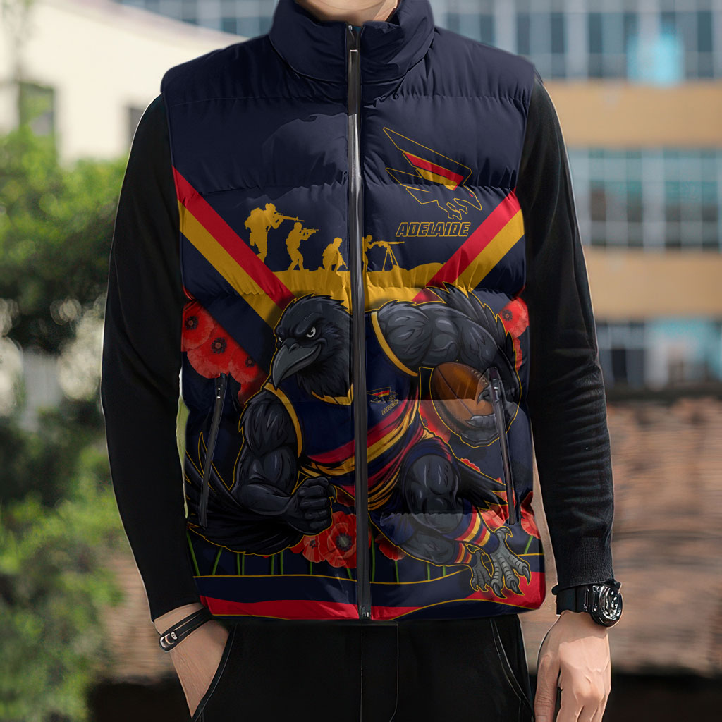 Personalised Adelaide Crows ANZAC Sleeveless Puffer Jacket Military Remembrance Australian Football Mascot Camouflage
