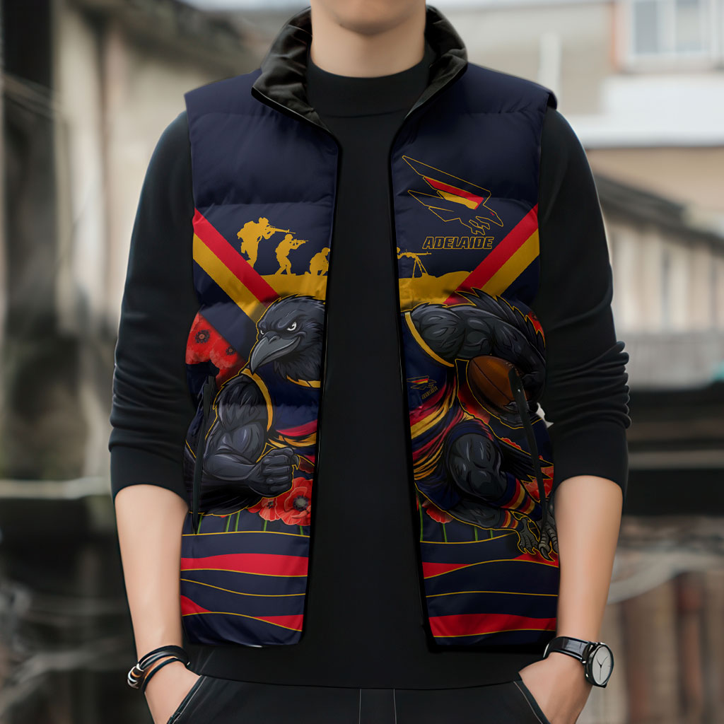 Personalised Adelaide Crows ANZAC Sleeveless Puffer Jacket Military Remembrance Australian Football Mascot Camouflage