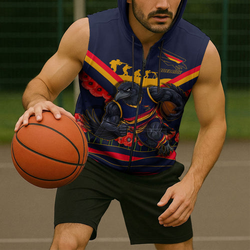 Personalised Adelaide Crows ANZAC Sleeveless Zip Hoodie Military Remembrance Australian Football Mascot Camouflage