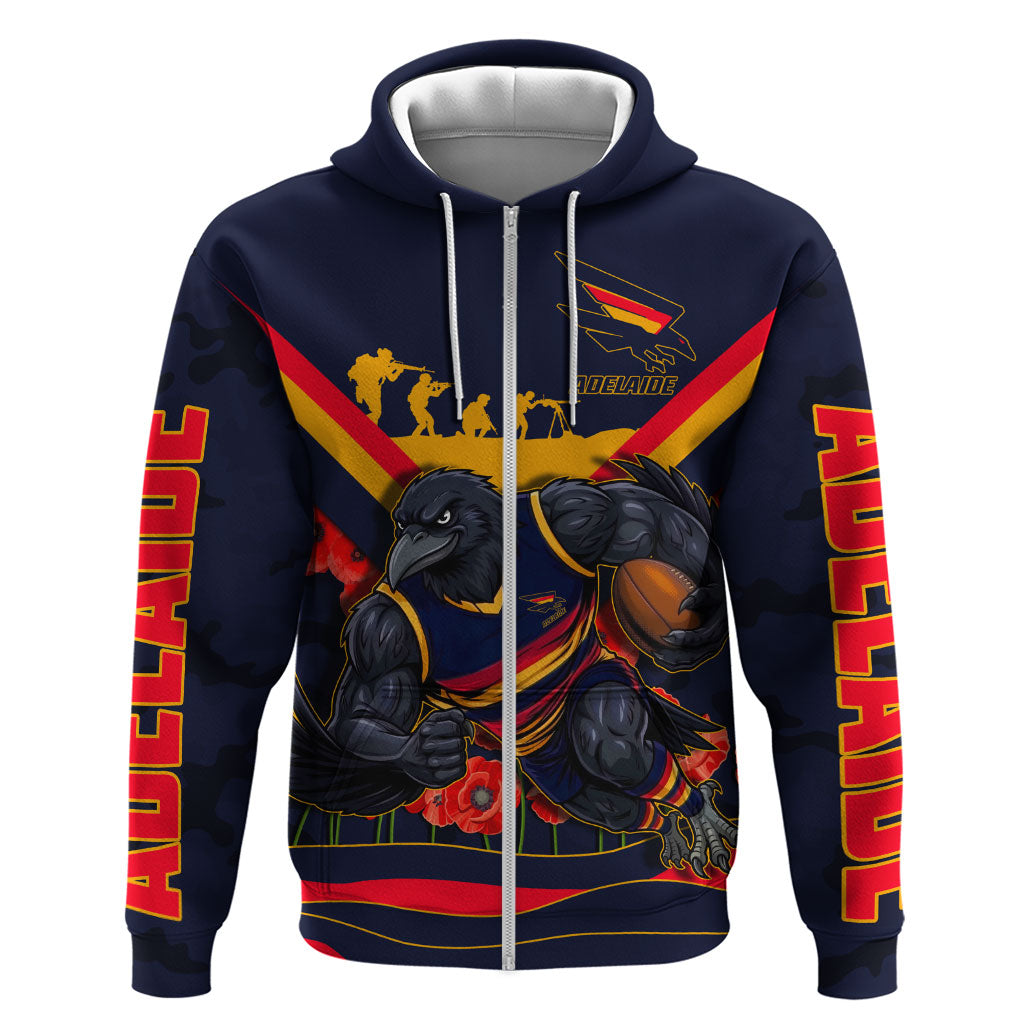 Personalised Adelaide Crows ANZAC Zip Hoodie Military Remembrance Australian Football Mascot Camouflage