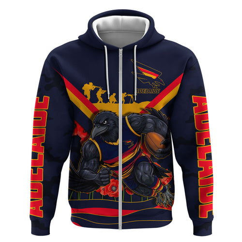 Personalised Adelaide Crows ANZAC Zip Hoodie Military Remembrance Australian Football Mascot Camouflage
