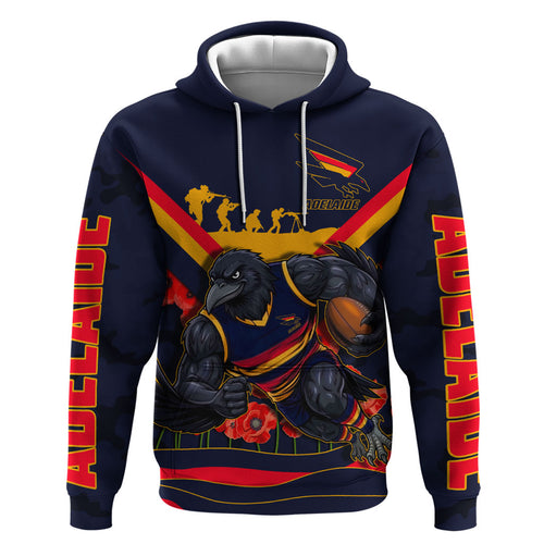 Personalised Adelaide Crows ANZAC Zip Hoodie Military Remembrance Australian Football Mascot Camouflage