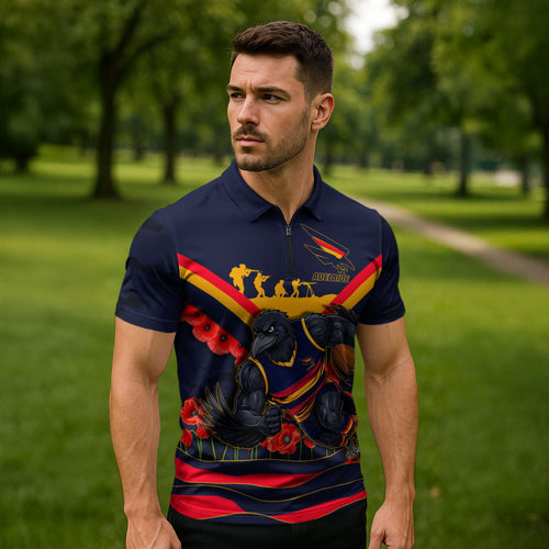 Personalised Adelaide Crows ANZAC Zipper Polo Shirt Military Remembrance Australian Football Mascot Camouflage