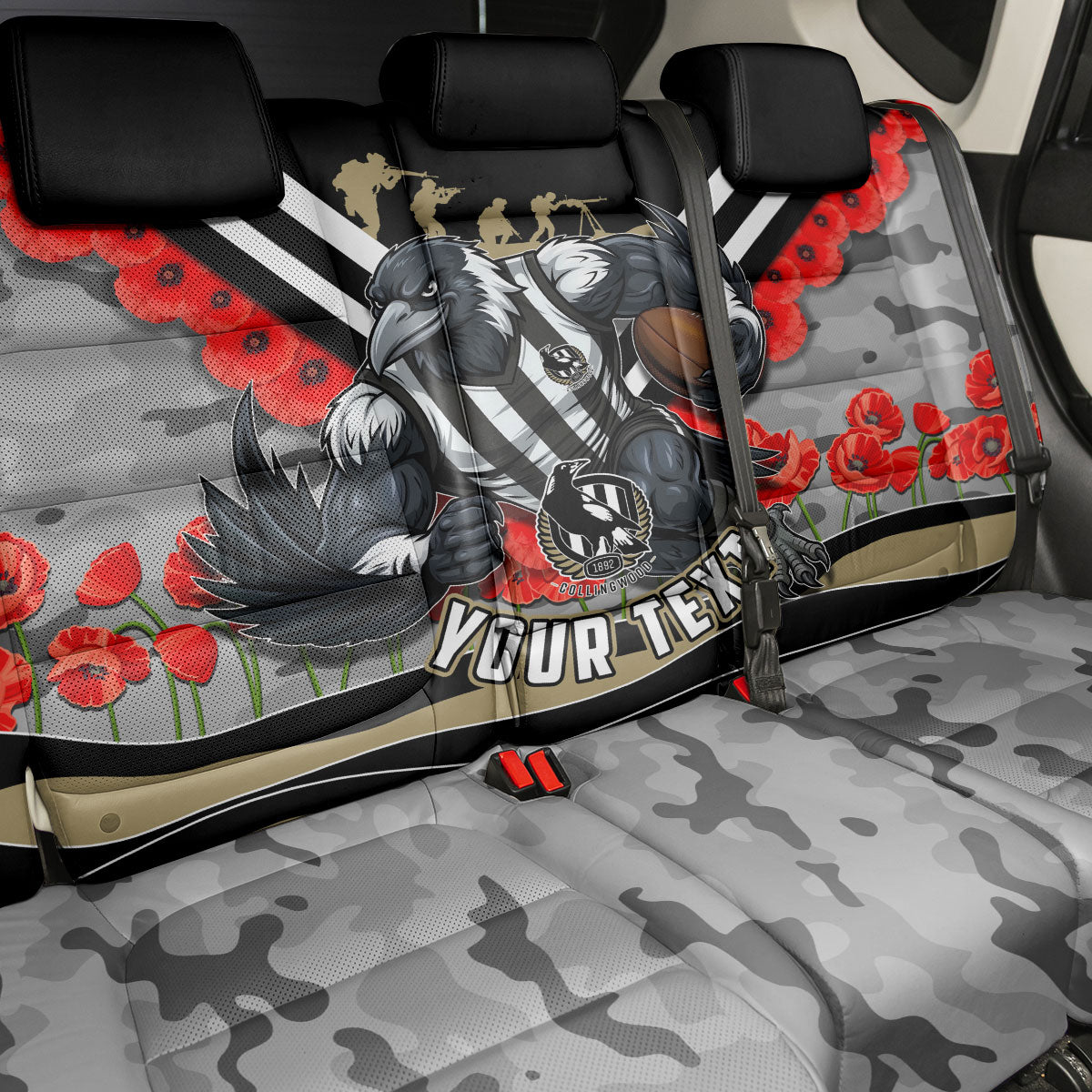 Personalised Collingwood Magpies ANZAC Back Car Seat Cover Military Remembrance Australian Football Mascot Camouflage