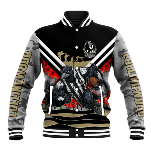 Personalised Collingwood Magpies ANZAC Baseball Jacket Military Remembrance Australian Football Mascot Camouflage