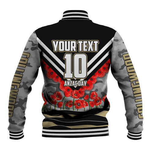 Personalised Collingwood Magpies ANZAC Baseball Jacket Military Remembrance Australian Football Mascot Camouflage