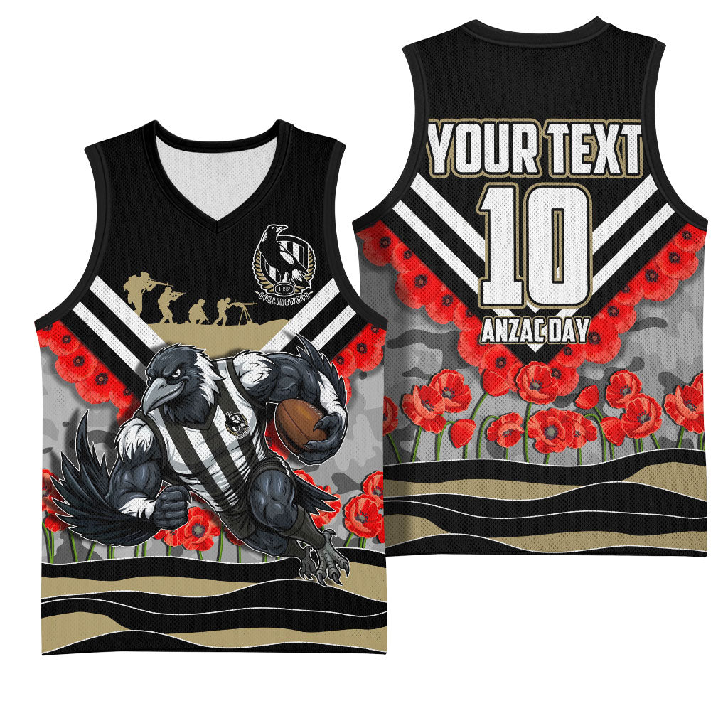 Personalised Collingwood Magpies ANZAC Basketball Jersey Military Remembrance Australian Football Mascot Camouflage