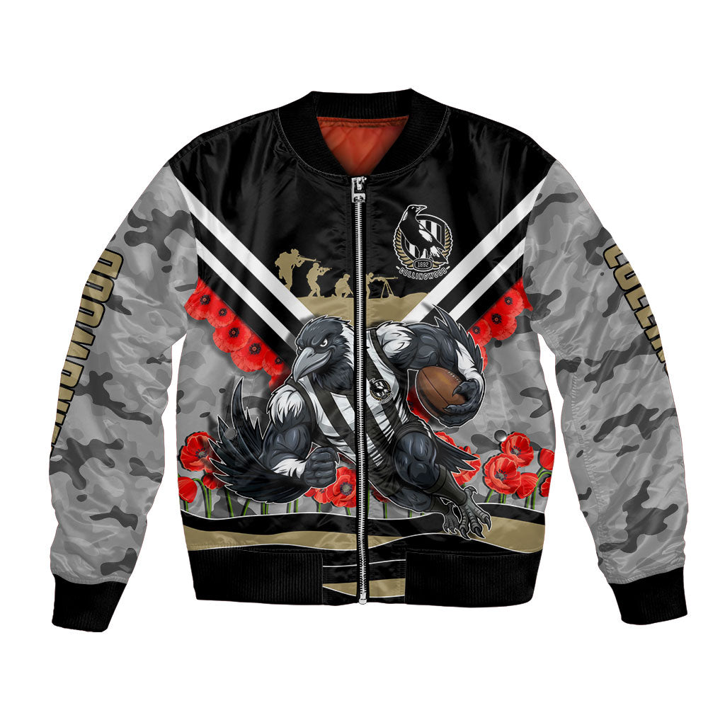 Personalised Collingwood Magpies ANZAC Bomber Jacket Military Remembrance Australian Football Mascot Camouflage