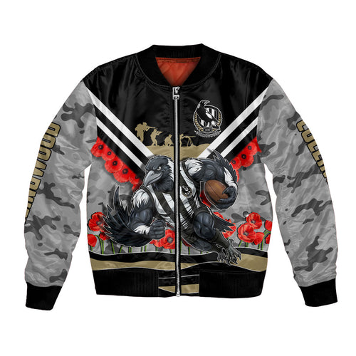Personalised Collingwood Magpies ANZAC Bomber Jacket Military Remembrance Australian Football Mascot Camouflage