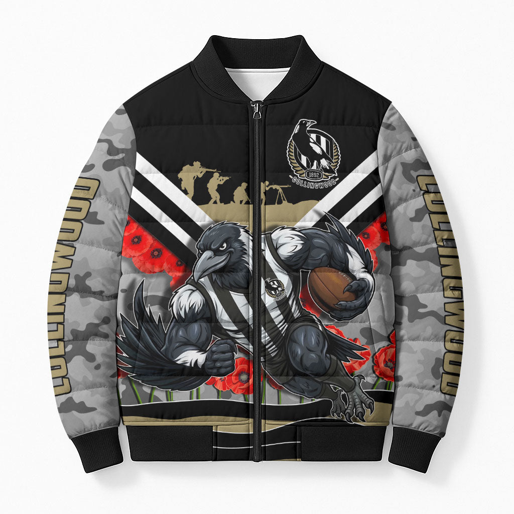 Personalised Collingwood Magpies ANZAC Bomber Puffer Jacket Military Remembrance Australian Football Mascot Camouflage