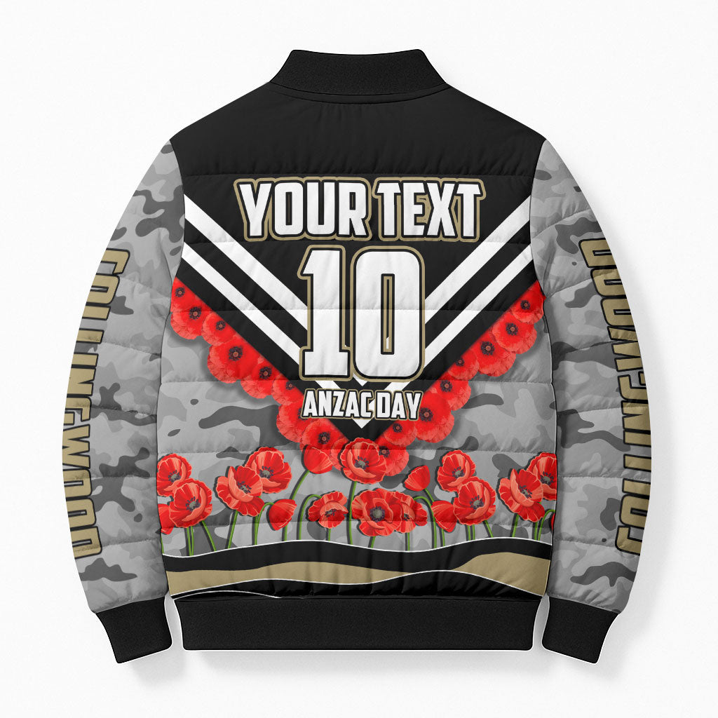 Personalised Collingwood Magpies ANZAC Bomber Puffer Jacket Military Remembrance Australian Football Mascot Camouflage