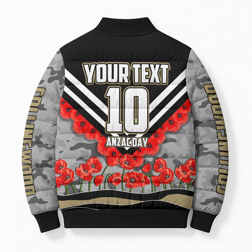 Personalised Collingwood Magpies ANZAC Bomber Puffer Jacket Military Remembrance Australian Football Mascot Camouflage